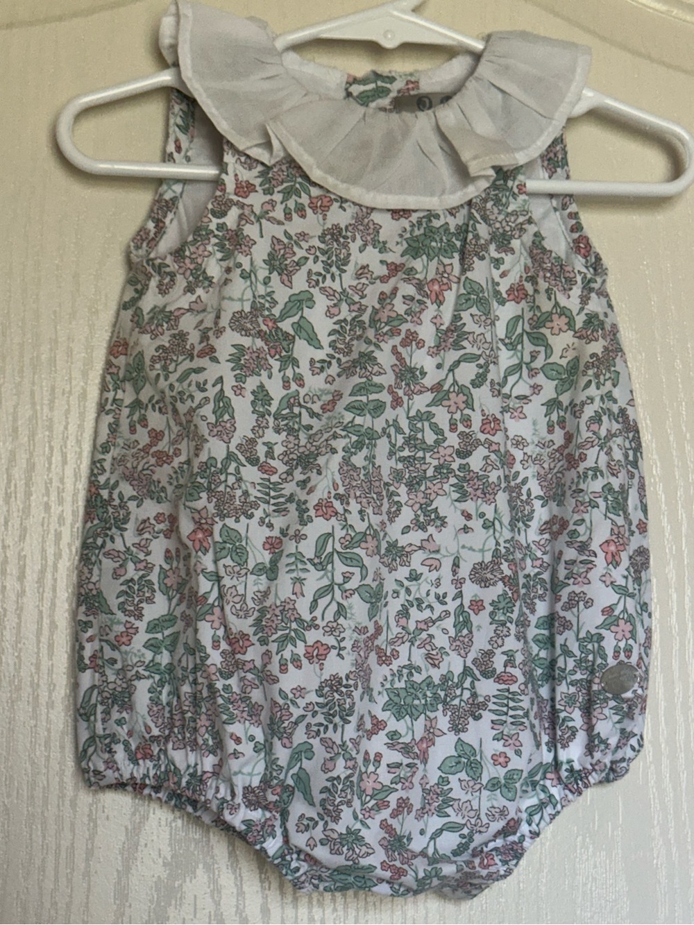 José Varón Floral Ruffle Collar Baby Bubble Romper 6M